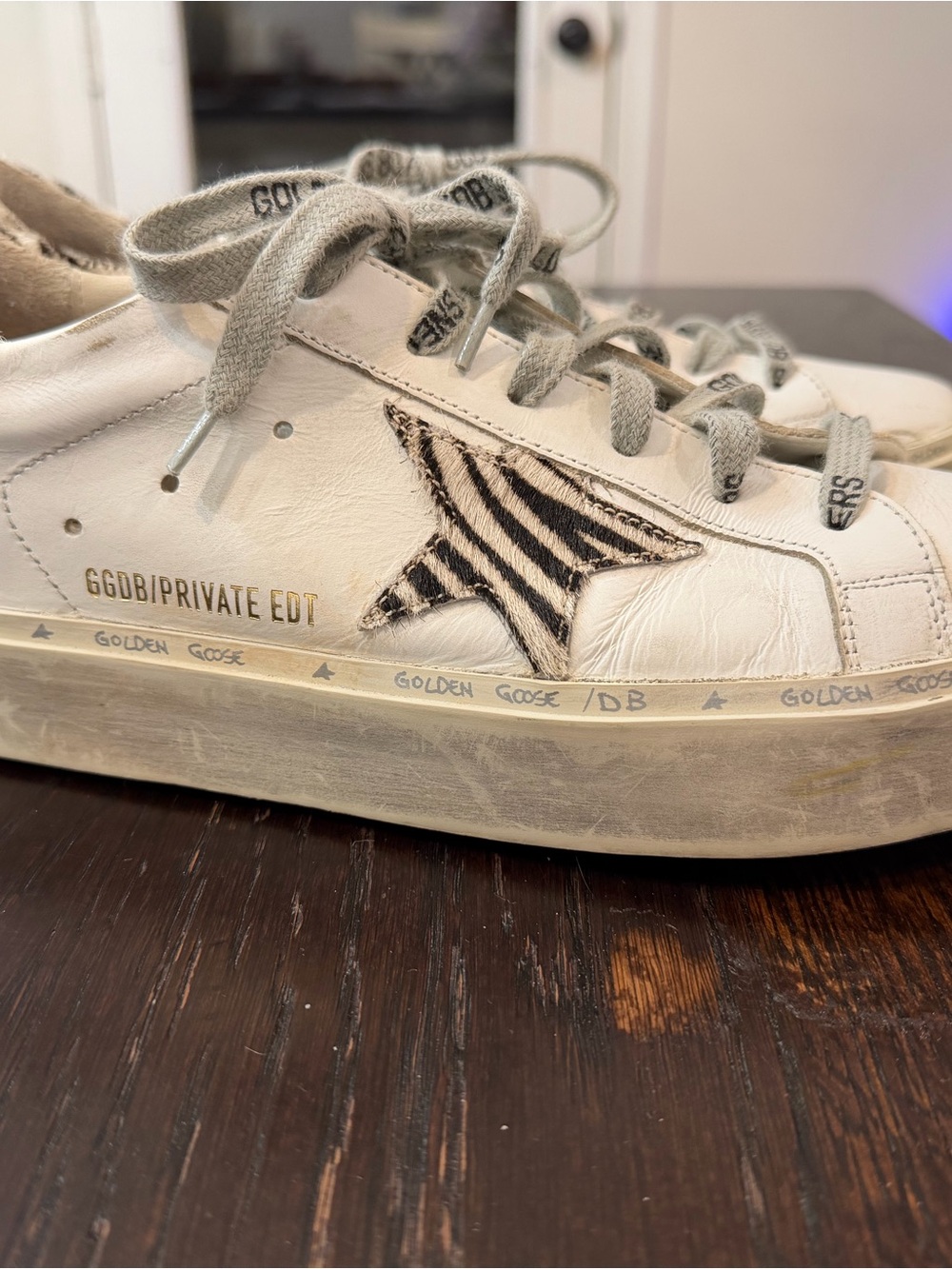 Golden Goose White and Beige Low-Top Sneaker with Zebra-Print Laces